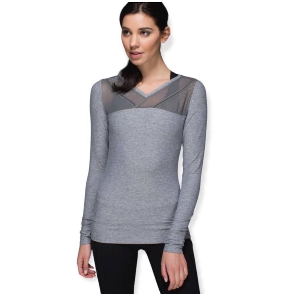 LULULEMON Just Breathe Mesh V Neck Long Sleeve in Heathered Slate Grey